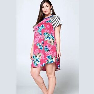 Emerald Pink Floral / Striped Short Sleeve Dress